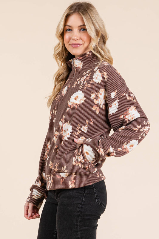 Mocha Floral 1/4 Zip