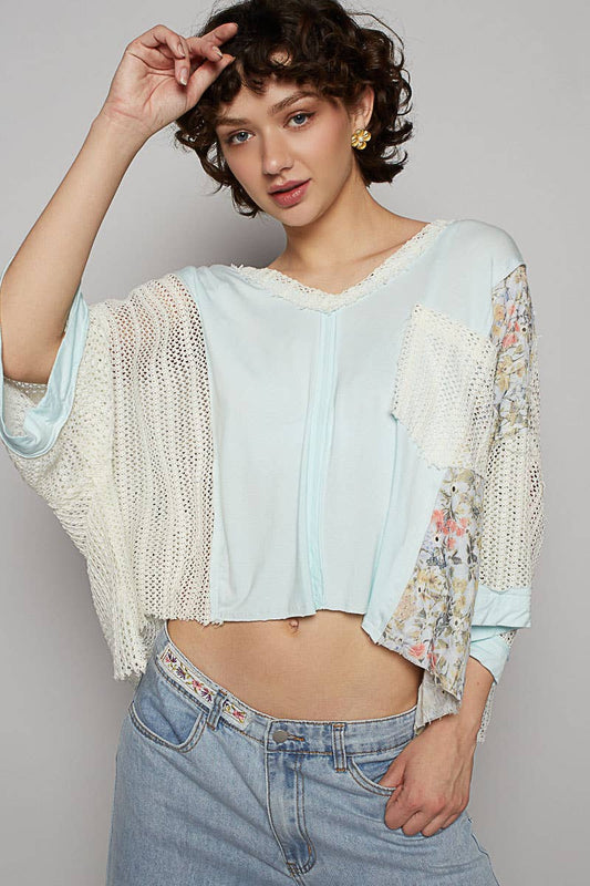 POL Aqua Blue Floral Crochet Contast Top