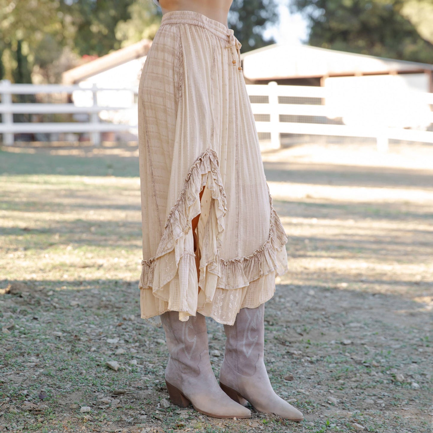 Young Threads - Rustic Bohemian: Asymmetrical Embroidered Midi Skirt - New - Latte / REGULAR (S-M-L-XL 2-2-2-1)