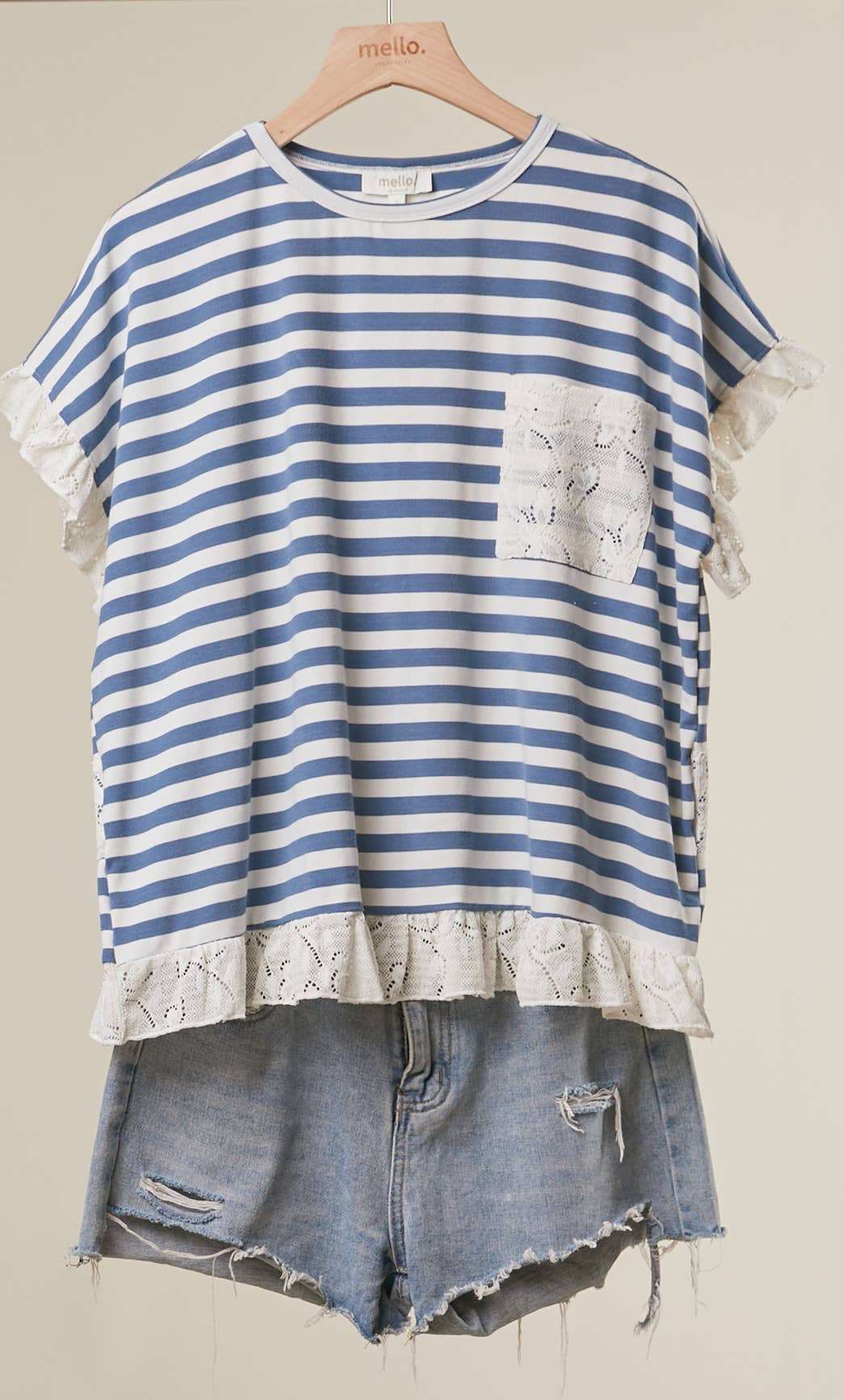 Blue & White Striped Lace Trim Top - Style Junkie Boutique