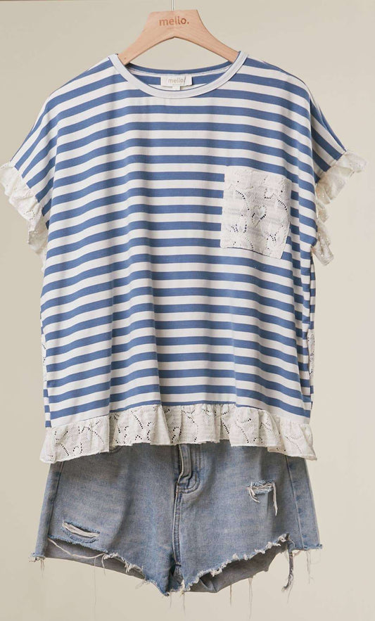 Blue & White Striped Lace Trim Top - Style Junkie Boutique