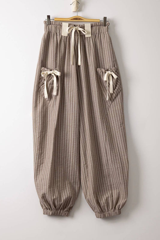 Taupe & White Striped Bow Pants