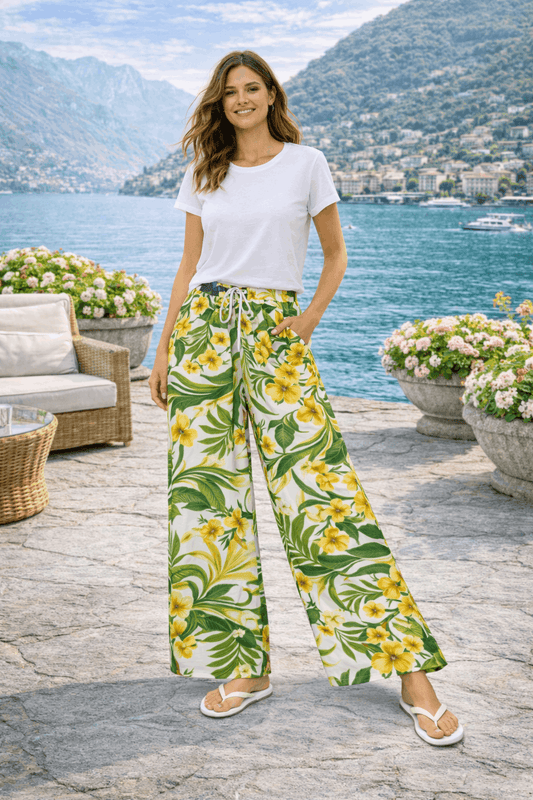 Green & Yellow Floral Palazzo Pants