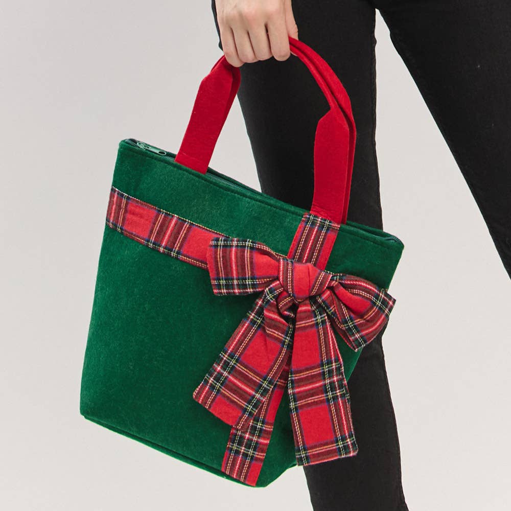 Christmas Green Tote Bag with Red Plaid Bow