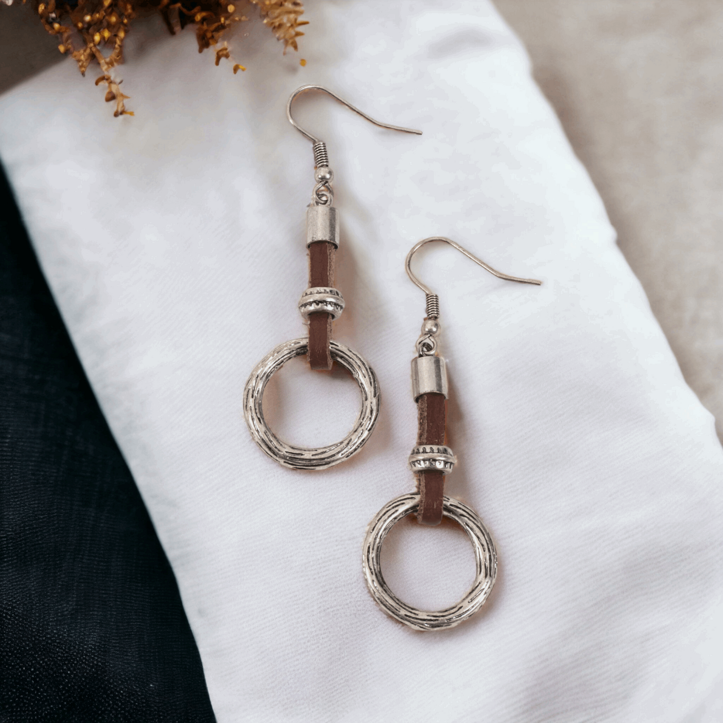 Leather Silver Ring Drop Earrings