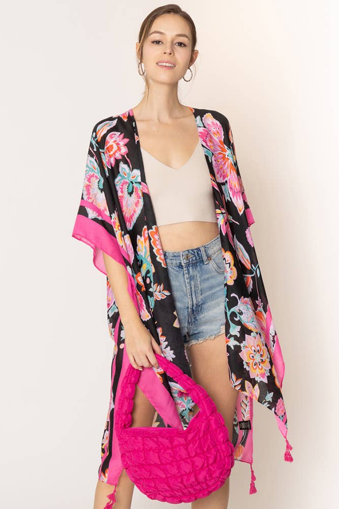 Hana - Floral Print Stripe Edge Tassel Summer Kimono - Black