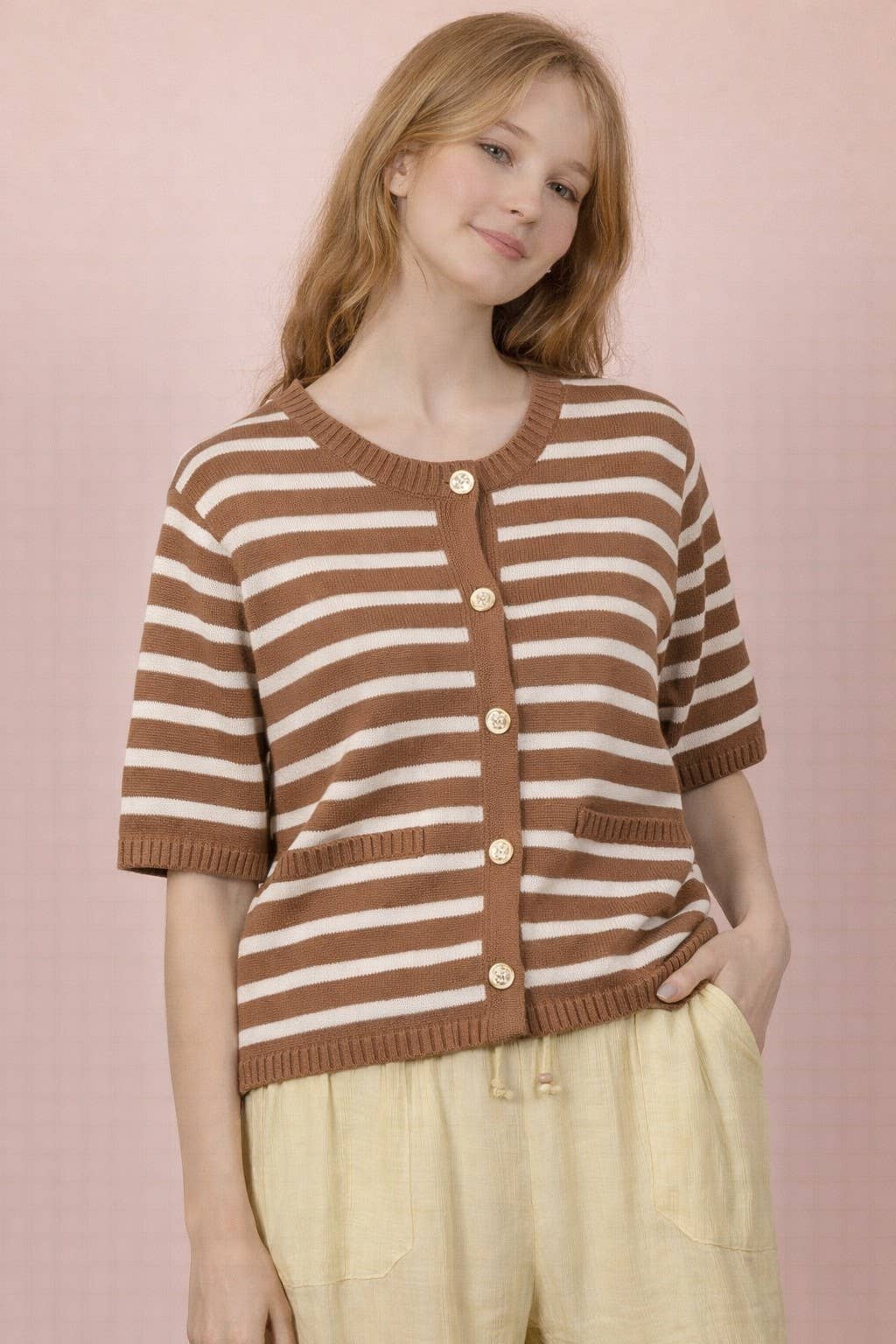 Brown Taupe Stripe Button-Down Knit Sweater Top
