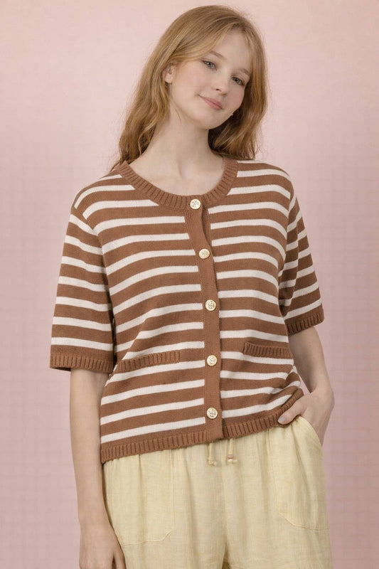 Brown Taupe Stripe Button-Down Knit Sweater Top