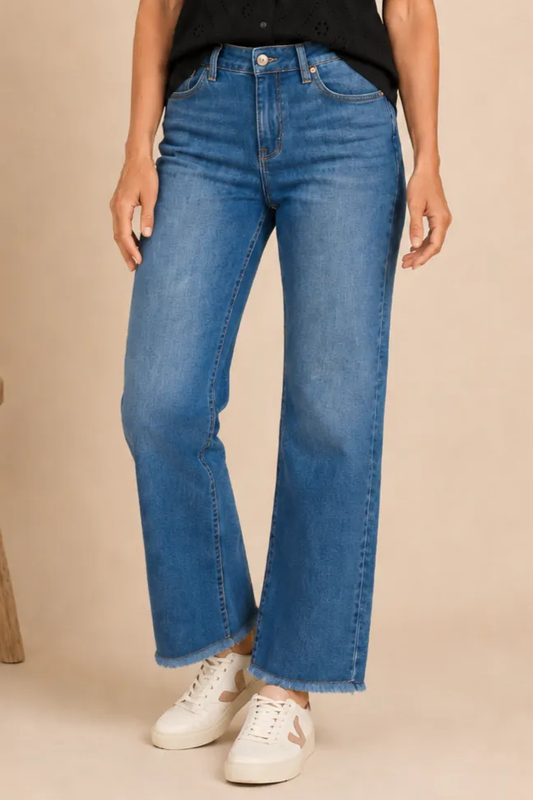 Medium Wash Wide Leg Fray Hem Jean