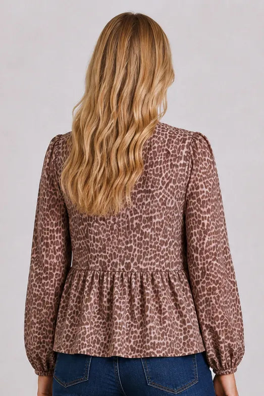 Brushed Twill Mauve Leopard Bow Tie Blouse