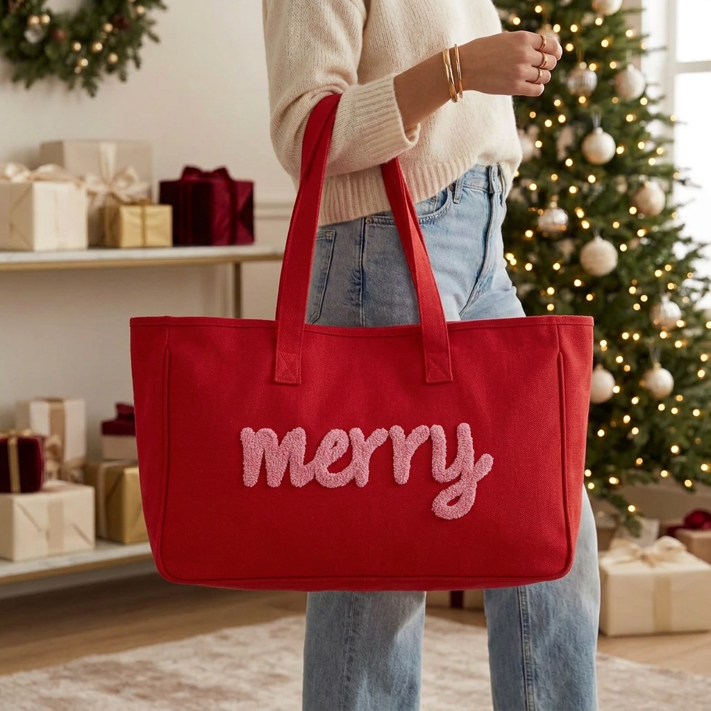 Pink MERRY tote in a cozy Christmas lifestyle setting
