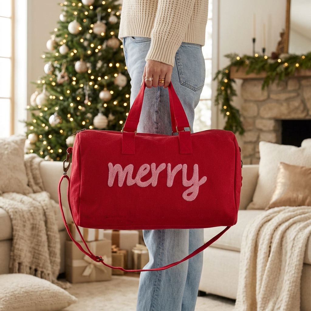Red MERRY duffle bag in a cozy Christmas lifestyle setting
