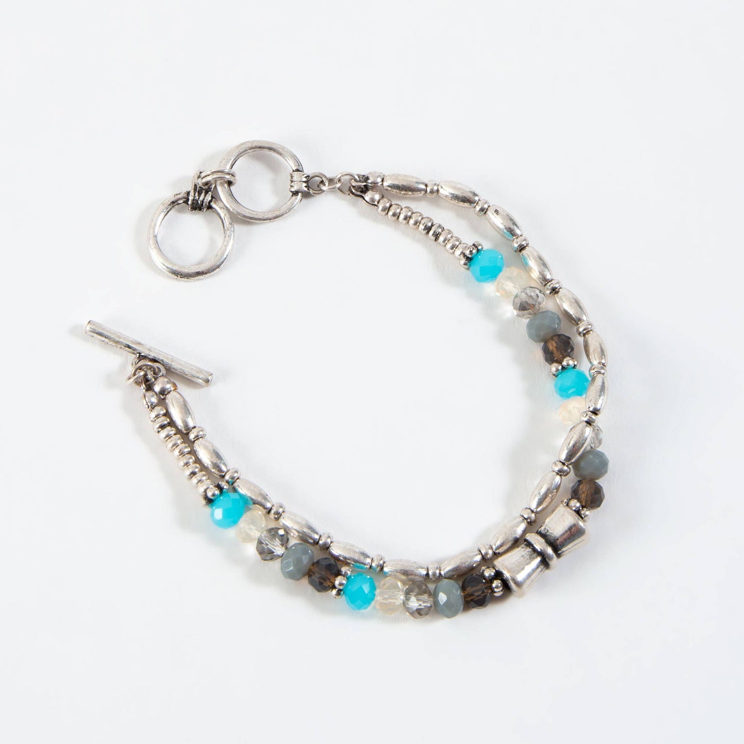 Turquoise & Silver Glass Bead Layered Toggle Bracelet