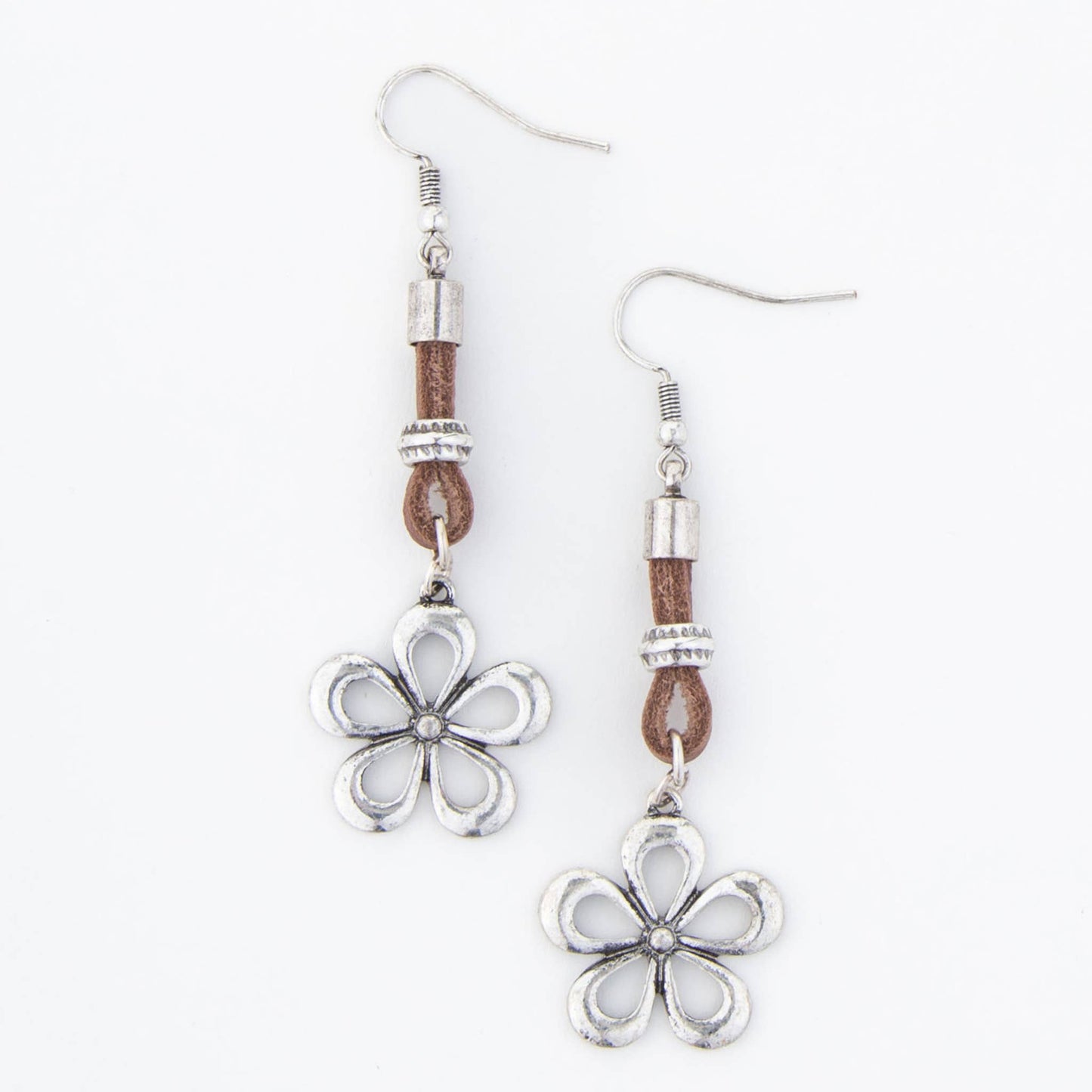 Leather and Silver Flower Drop Earrings