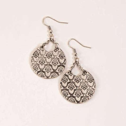 Antique Silver Burnished Disc Drop Earrings