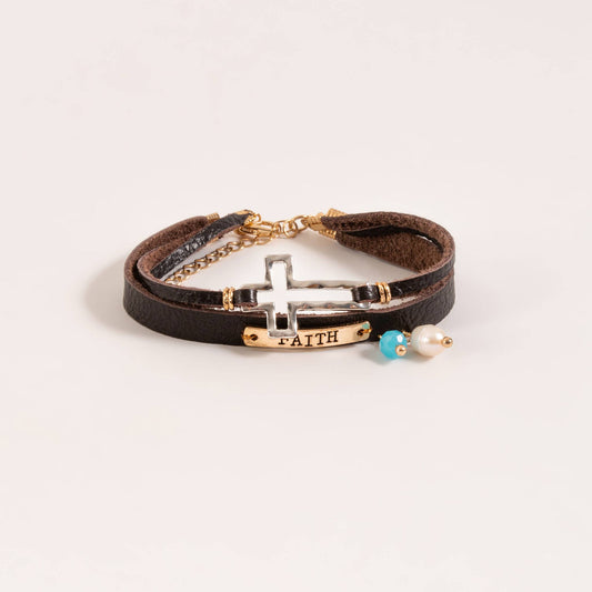 Layered "Faith" Leather Bracelet