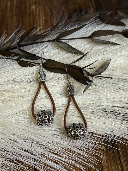 Leather Silver Flower Ball Drop Earrings